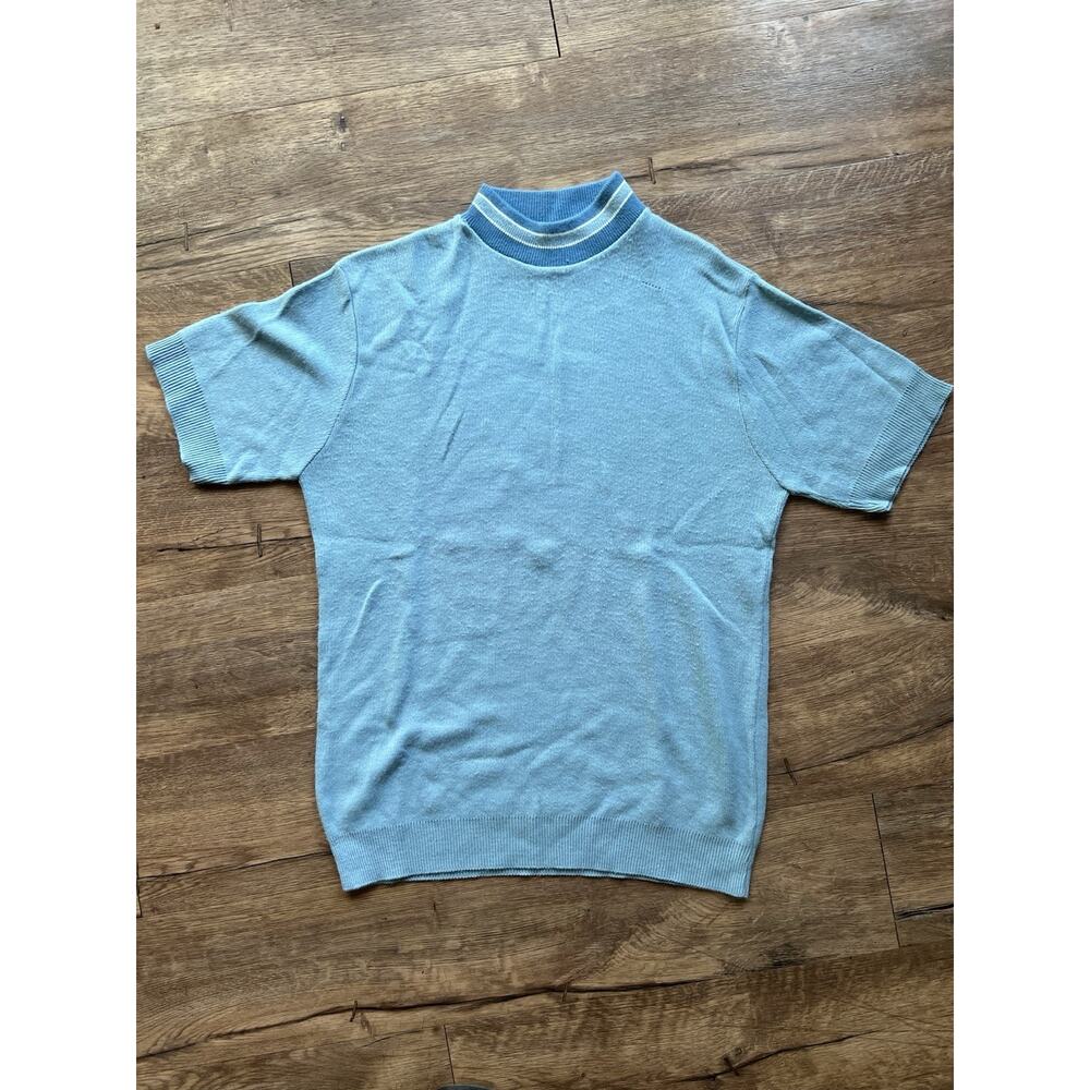 Vintage 50s Blue Knit Mock Neck Sweater Shirt Medium‎